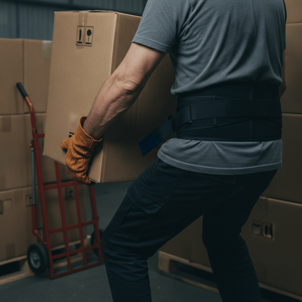 Gros plan sur les mains d'un travailleur soulevant une charge lourde en entrepôt, illustrant les contraintes physiques répétées
