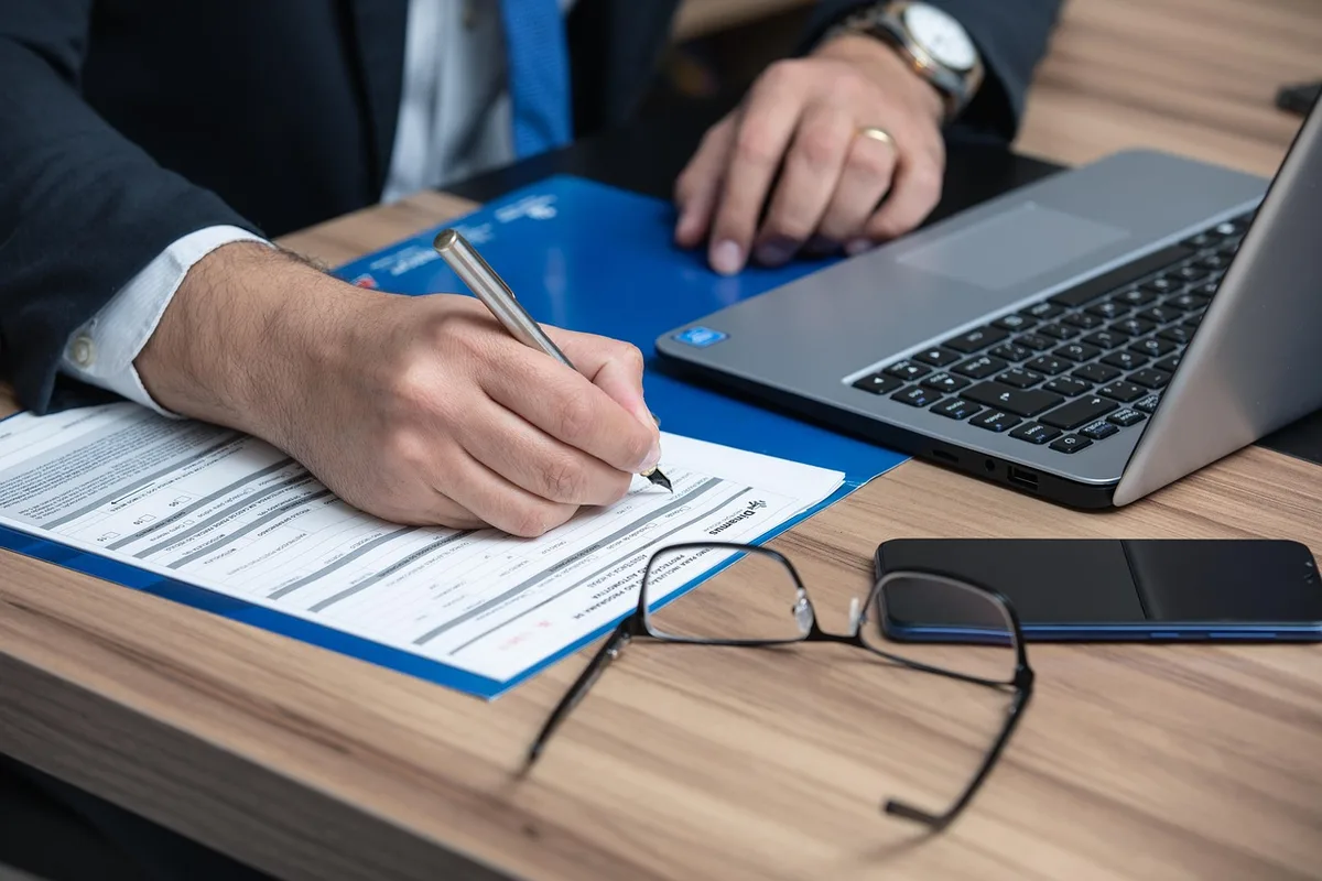 Mains signant un bail sur une table avec un stylo